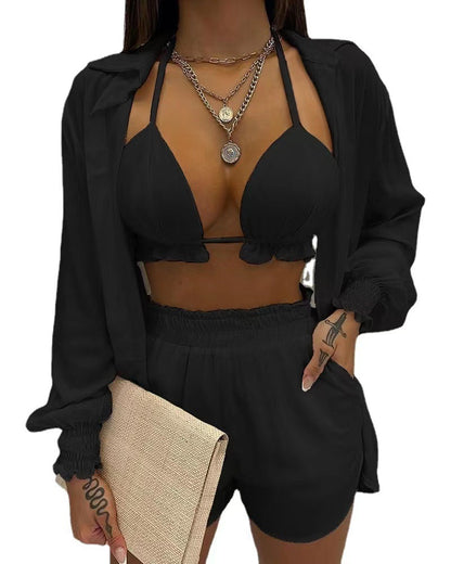 3pcs Print Beach Suits Wtih Lapel Long Sleeve Shirt Sexy Bra And Elastic Shorts Fashion Printed Set Clothing For Women - Shuntia Symonette