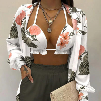 3pcs Print Beach Suits Wtih Lapel Long Sleeve Shirt Sexy Bra And Elastic Shorts Fashion Printed Set Clothing For Women - Shuntia Symonette