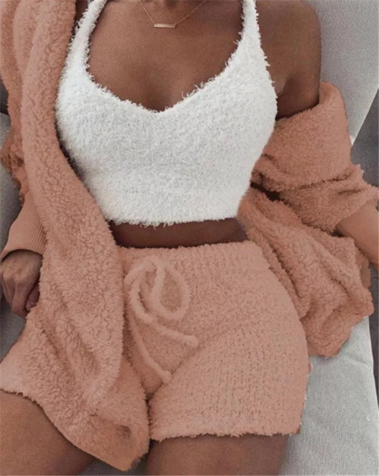 Winter Sexy Women Home Wear Suit Casual Pajamas Set Lady Female Soft Warm Long Sleeve Exposed Navel Vest Shorts Set - Shuntia Symonette