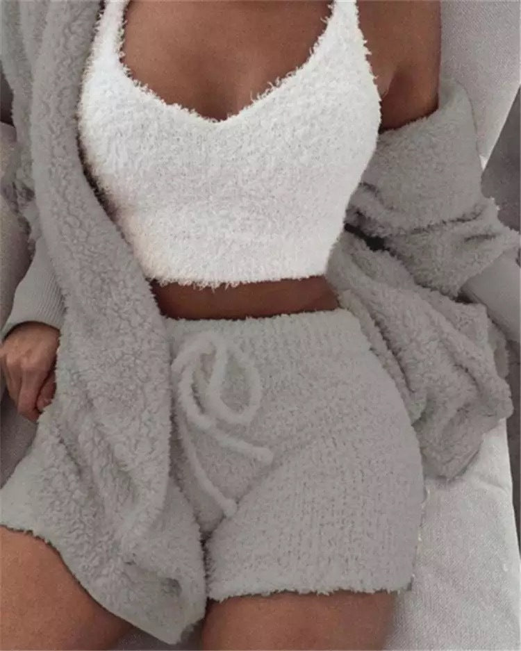 Winter Sexy Women Home Wear Suit Casual Pajamas Set Lady Female Soft Warm Long Sleeve Exposed Navel Vest Shorts Set - Shuntia Symonette
