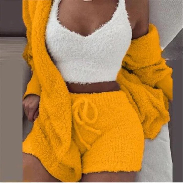 Winter Sexy Women Home Wear Suit Casual Pajamas Set Lady Female Soft Warm Long Sleeve Exposed Navel Vest Shorts Set - Shuntia Symonette