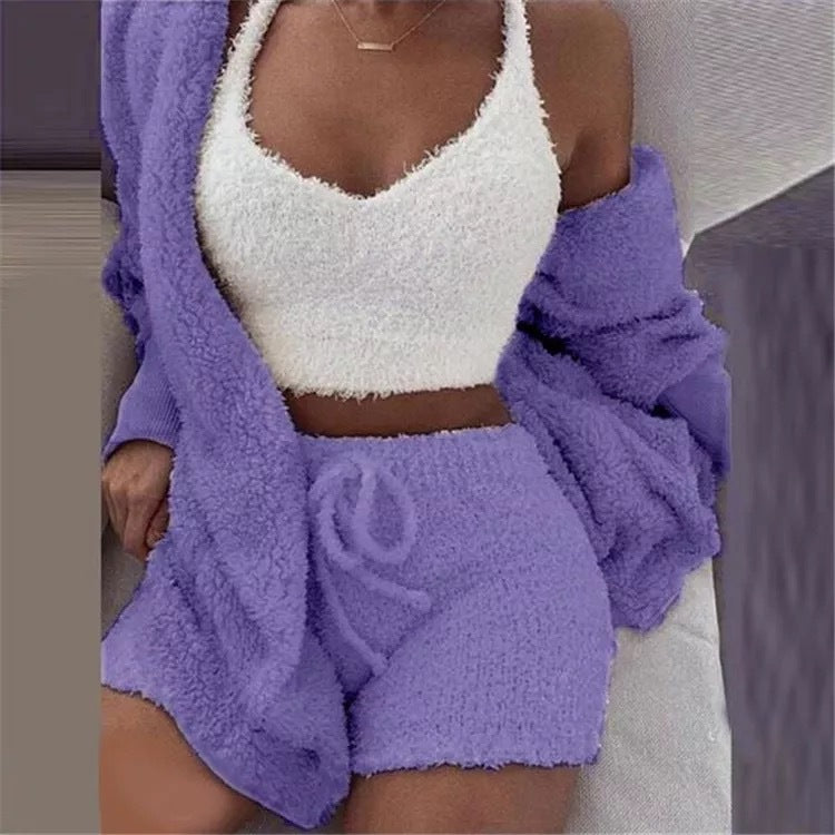 Winter Sexy Women Home Wear Suit Casual Pajamas Set Lady Female Soft Warm Long Sleeve Exposed Navel Vest Shorts Set - Shuntia Symonette