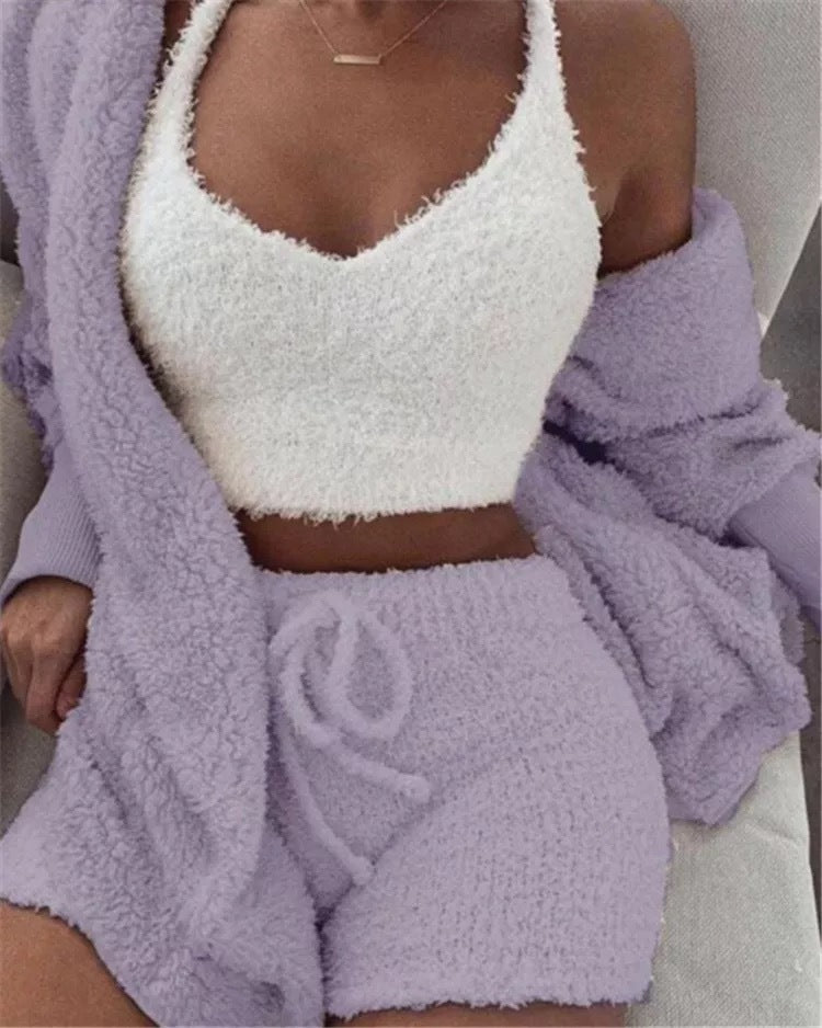 Winter Sexy Women Home Wear Suit Casual Pajamas Set Lady Female Soft Warm Long Sleeve Exposed Navel Vest Shorts Set - Shuntia Symonette
