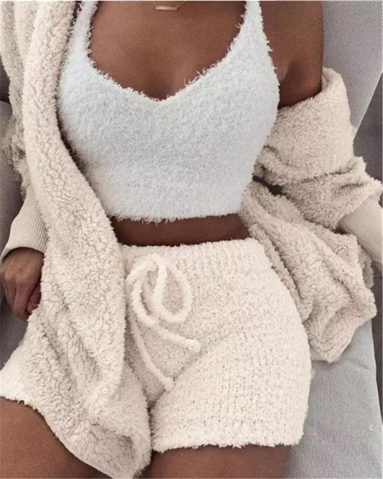 Winter Sexy Women Home Wear Suit Casual Pajamas Set Lady Female Soft Warm Long Sleeve Exposed Navel Vest Shorts Set - Shuntia Symonette