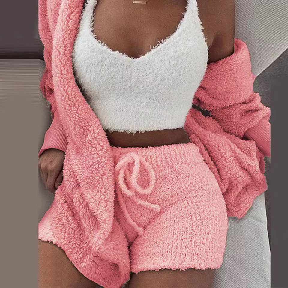 Winter Sexy Women Home Wear Suit Casual Pajamas Set Lady Female Soft Warm Long Sleeve Exposed Navel Vest Shorts Set - Shuntia Symonette