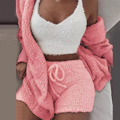 Winter Sexy Women Home Wear Suit Casual Pajamas Set Lady Female Soft Warm Long Sleeve Exposed Navel Vest Shorts Set - Shuntia Symonette