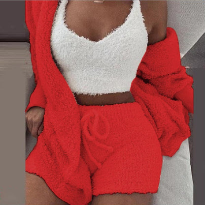 Winter Sexy Women Home Wear Suit Casual Pajamas Set Lady Female Soft Warm Long Sleeve Exposed Navel Vest Shorts Set - Shuntia Symonette