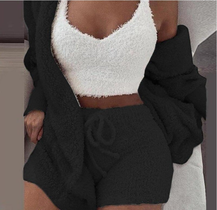 Winter Sexy Women Home Wear Suit Casual Pajamas Set Lady Female Soft Warm Long Sleeve Exposed Navel Vest Shorts Set - Shuntia Symonette