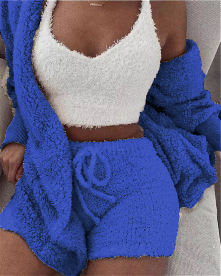 Winter Sexy Women Home Wear Suit Casual Pajamas Set Lady Female Soft Warm Long Sleeve Exposed Navel Vest Shorts Set - Shuntia Symonette