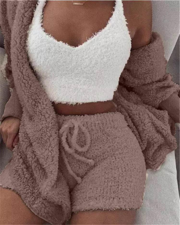 Winter Sexy Women Home Wear Suit Casual Pajamas Set Lady Female Soft Warm Long Sleeve Exposed Navel Vest Shorts Set - Shuntia Symonette