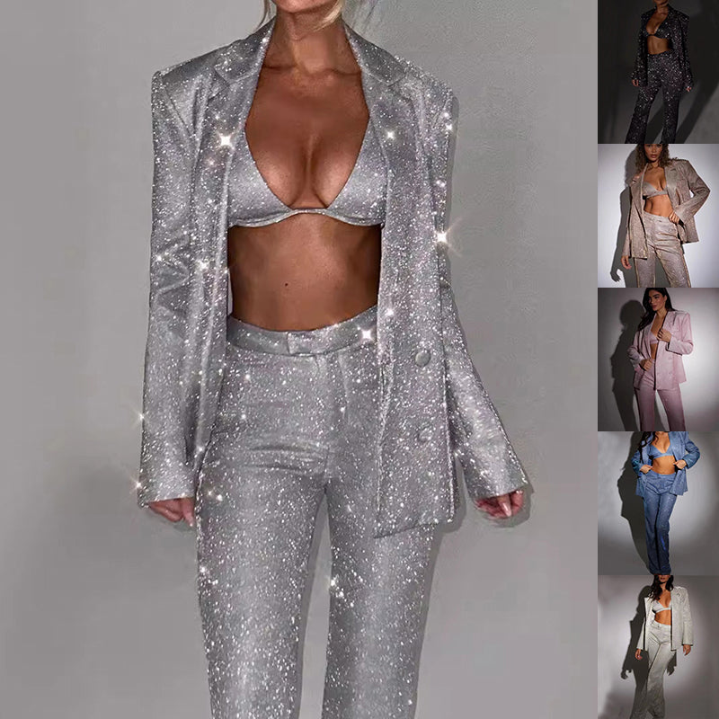 3pcs Shiny Long-sleeved Suit With Bra Lapel Blazer And Straight-leg Trousers Fashion Party Jacket Set For Women Clothing - Shuntia Symonette