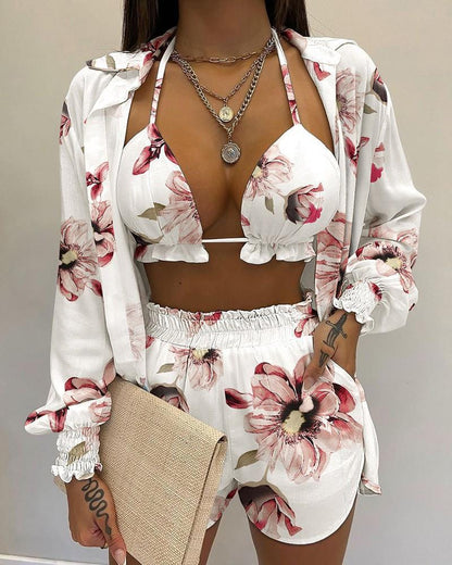 3pcs Print Beach Suits Wtih Lapel Long Sleeve Shirt Sexy Bra And Elastic Shorts Fashion Printed Set Clothing For Women - Shuntia Symonette