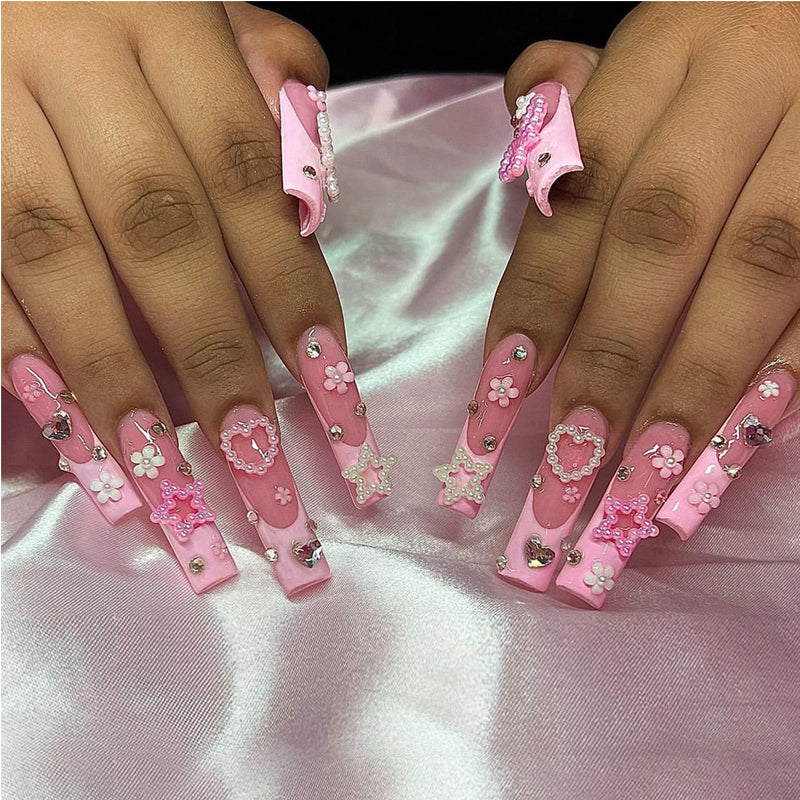 24 PCS Pearl Love Star Nail Art, Long Length Long Water Pipe Fake Nails,Square Head Nail Tips False Nail - Shuntia Symonette