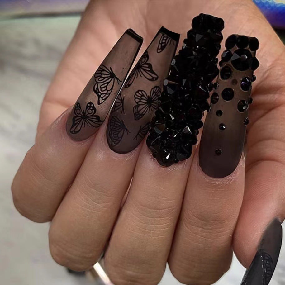 Phantom Dark Butterfly Fake Nails Long T Finished Black Frosted Removable Wear Armor - Shuntia Symonette