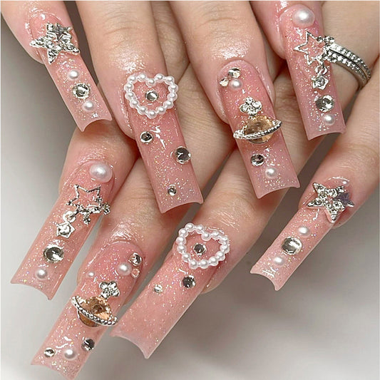 24 PCS Planet Diamond Star Nail Art, Long Length Long Water Pipe Fake Nails,Square Head Nail Tips False Nail - Shuntia Symonette