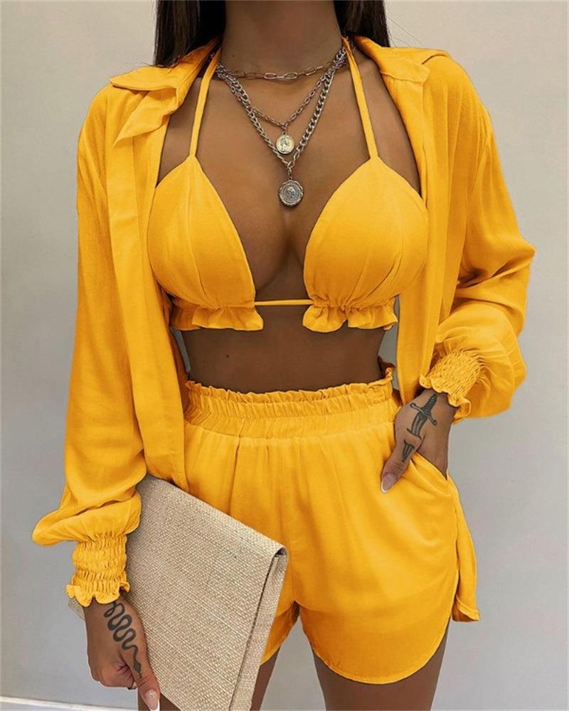 3pcs Print Beach Suits Wtih Lapel Long Sleeve Shirt Sexy Bra And Elastic Shorts Fashion Printed Set Clothing For Women - Shuntia Symonette
