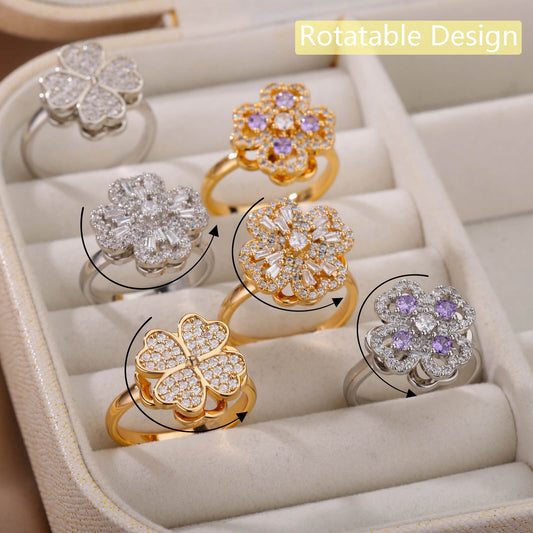 Rotatable Flower Rings With Rhinestones - Shuntia Symonette