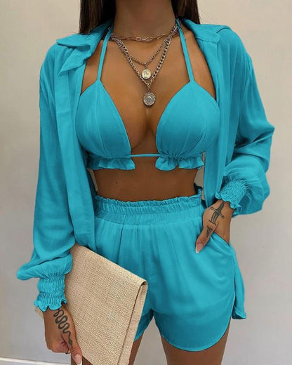 3pcs Print Beach Suits Wtih Lapel Long Sleeve Shirt Sexy Bra And Elastic Shorts Fashion Printed Set Clothing For Women - Shuntia Symonette