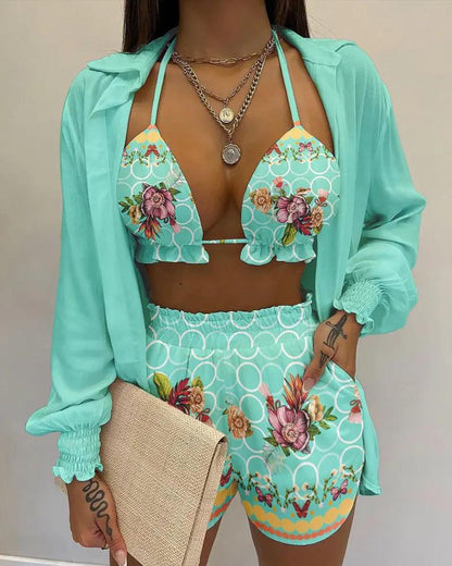 3pcs Print Beach Suits Wtih Lapel Long Sleeve Shirt Sexy Bra And Elastic Shorts Fashion Printed Set Clothing For Women - Shuntia Symonette