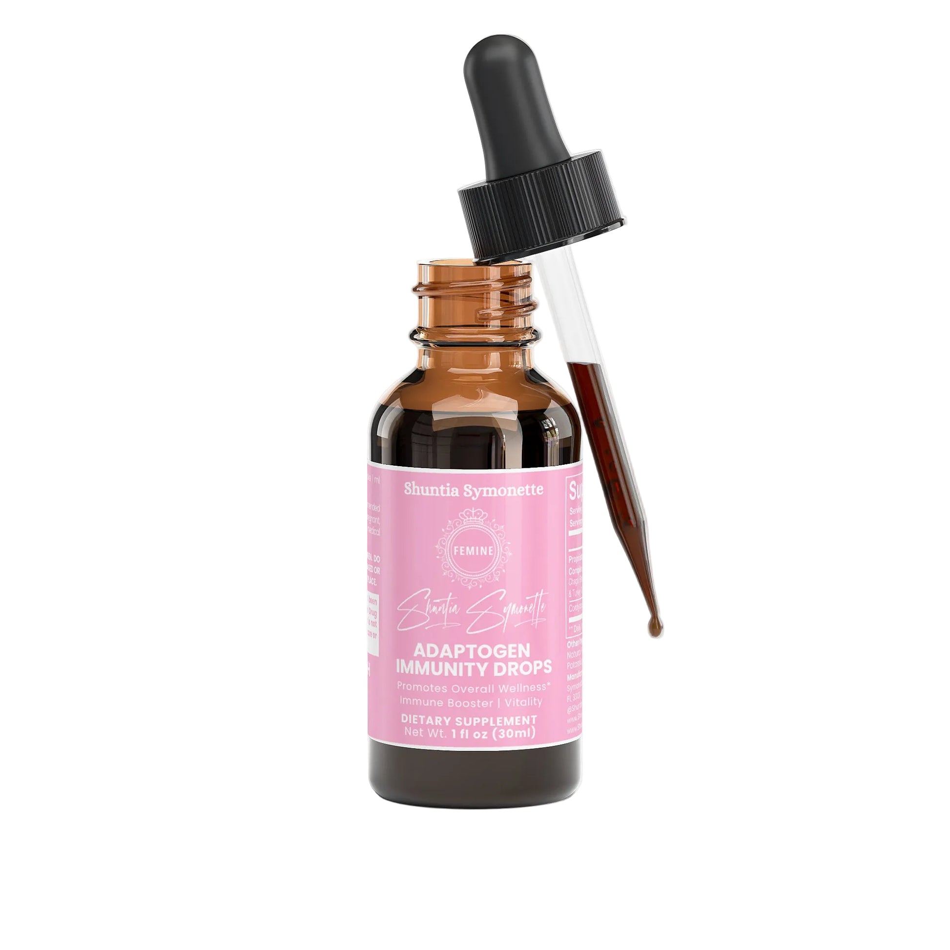 Adaptogen immunity drops by Shuntia Symonette with chaga reishi cordyceps turkey tail mushroom blend for immune support energy wellness supplement liquid drops
