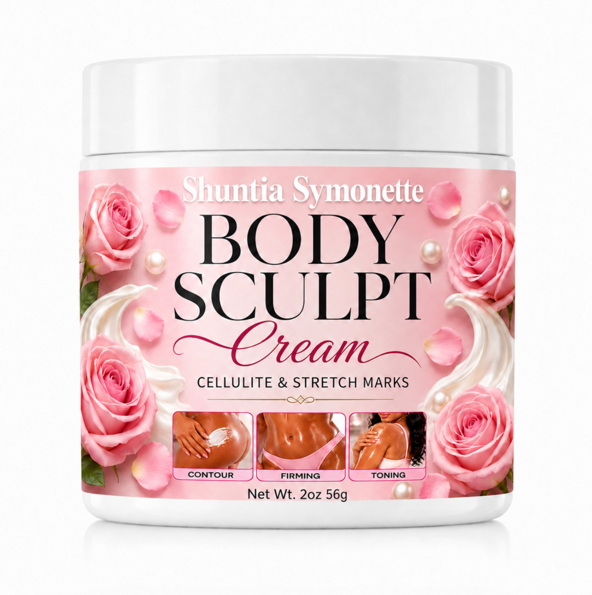 Shuntia Symonette Body Sculpt Cream for cellulite and stretch marks in a glossy pink floral jar with roses, pearls, and firming skincare imagery