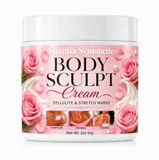 Shuntia Symonette Body Sculpt Cream for cellulite and stretch marks in a glossy pink floral jar with roses, pearls, and firming skincare imagery