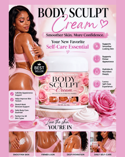 Shuntia Symonette Body Sculpt Cream for cellulite and stretch marks in a glossy pink floral jar with roses, pearls, and firming skincare