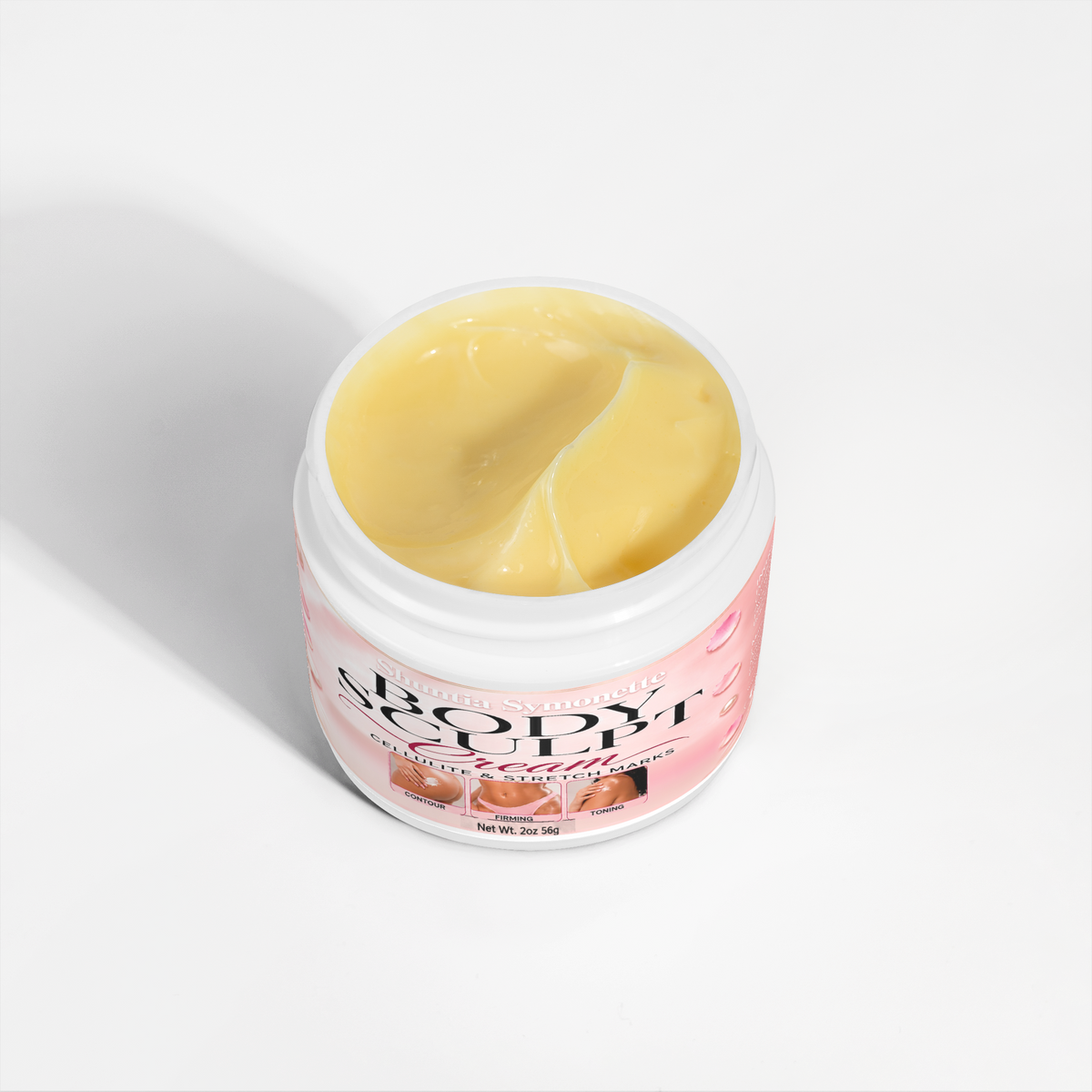Shuntia Symonette Body Sculpt Cream for cellulite and stretch marks in a glossy pink floral jar with roses, pearls, and firming skincare