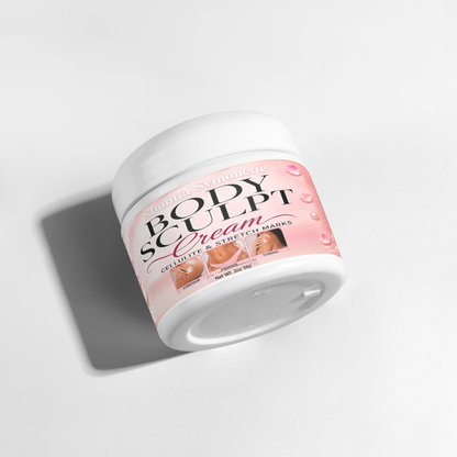 Shuntia Symonette Body Sculpt Cream for cellulite and stretch marks in a glossy pink floral jar with roses, pearls, and firming skincare