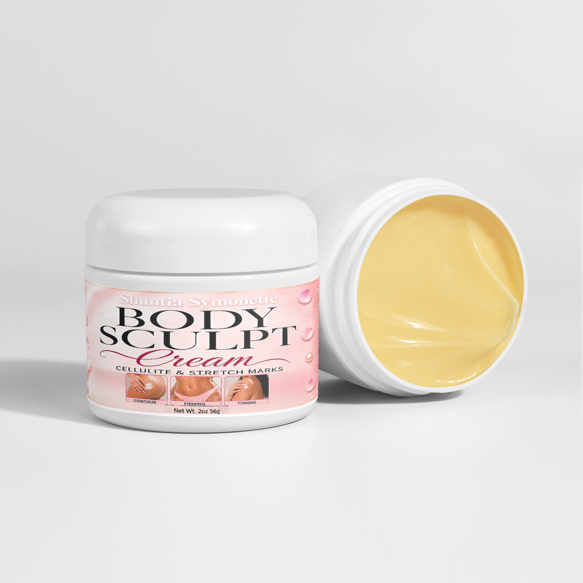 Shuntia Symonette Body Sculpt Cream for cellulite and stretch marks in a glossy pink floral jar with roses, pearls, and firming skincare