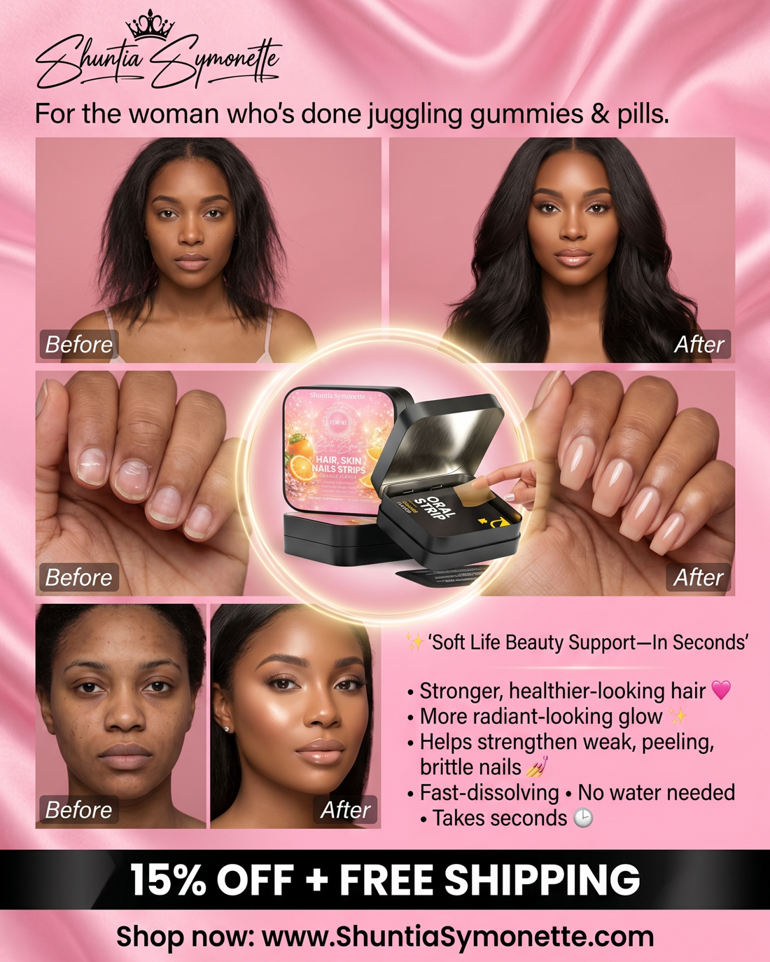 Hair Skin and Nails Strips by Shuntia Symonette fast dissolving beauty wellness strips designed to support healthy looking hair glowing skin and stronger nails. Daily beauty routine strips with Biotin Vitamin D3 and Folate for modern women seeking beauty wellness skincare support and healthy lifestyle products.