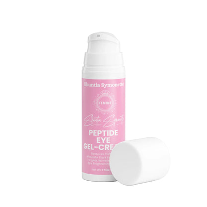 peptide eye gel cream with acetyl tetrapeptide-5 hyaluronic acid for puffiness fine lines dark circles hydration under eye treatment by Shuntia Symonette