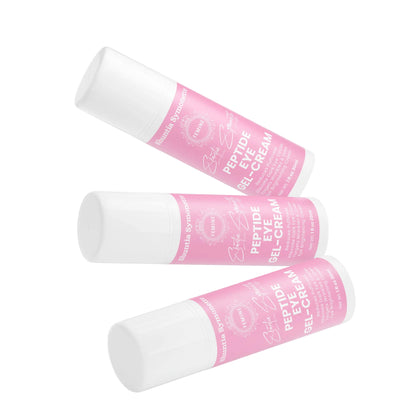 peptide eye gel cream with acetyl tetrapeptide-5 hyaluronic acid for puffiness fine lines dark circles hydration under eye treatment by Shuntia Symonette