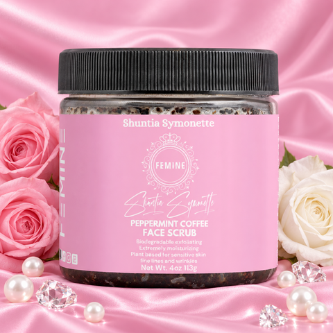 Peppermint Face Scrub designed to help exfoliate, cleanse, and refresh the appearance of dull-looking skin for a smoother, healthier-looking glow. Invigorating facial scrub formulated to help remove excess oil, dirt, and dead skin buildup while supporting soft, radiant skin texture. Cooling skincare wellness support by Shuntia Symonette.