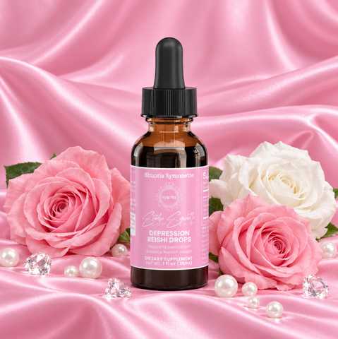 Reishi wellness drops designed to support relaxation, emotional balance, mood wellness, and everyday self-care routines. Fast-absorbing mushroom wellness formula created to help support calmness, mental clarity, and overall wellness for busy lifestyles. Convenient daily wellness support by Shuntia Symonette.