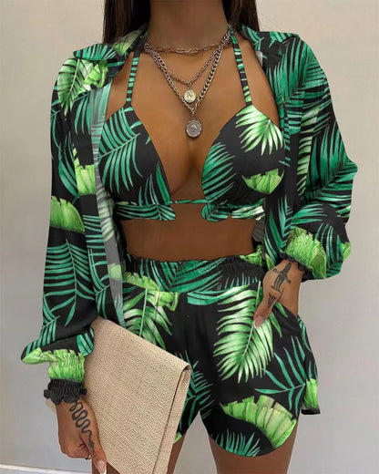 3pcs Print Beach Suits Wtih Lapel Long Sleeve Shirt Sexy Bra And Elastic Shorts Fashion Printed Set Clothing For Women - Shuntia Symonette
